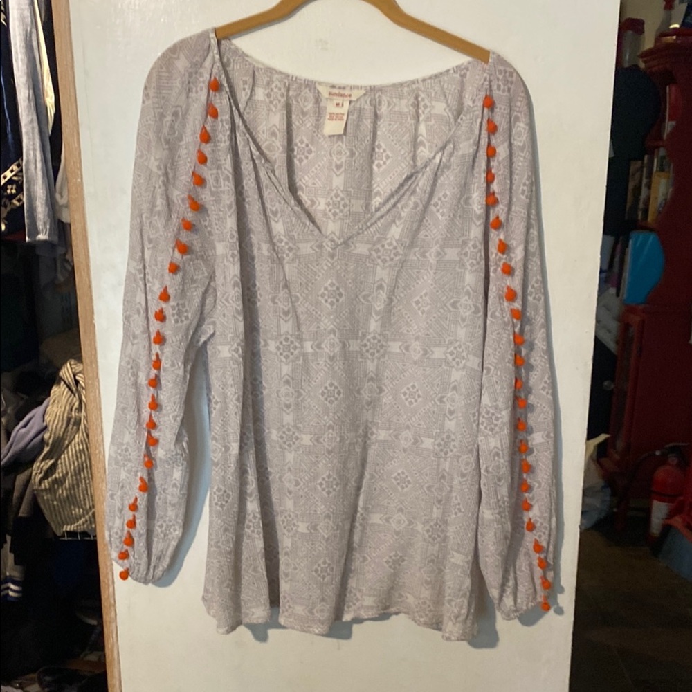 Sundance Gray Patterned Top with Orange Pom poms size M